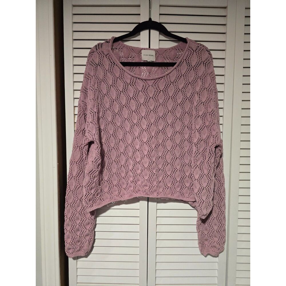 Pink Rose XL Mauve Open Knit Crochet Cropped Sweater Long Sleeve Boho Y2K